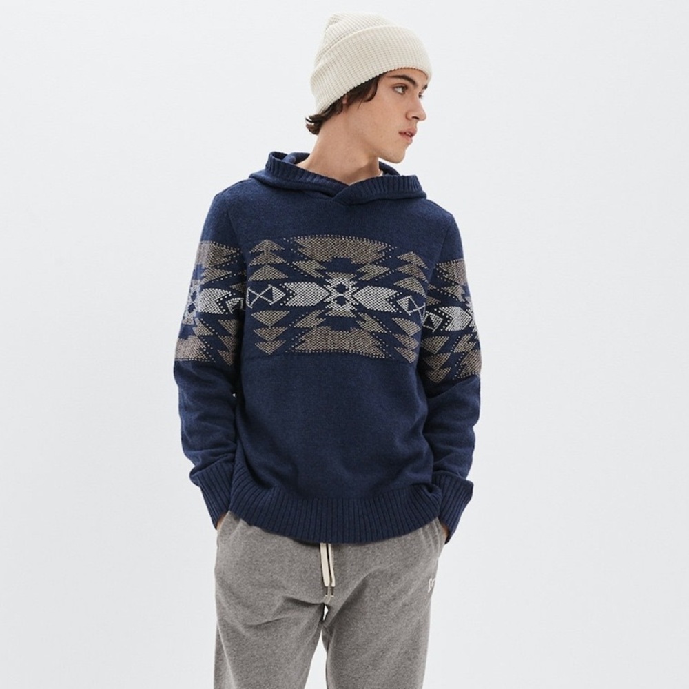 American Eagle Men's Blue Super Soft Patterned Sweater Hoodie Size XS